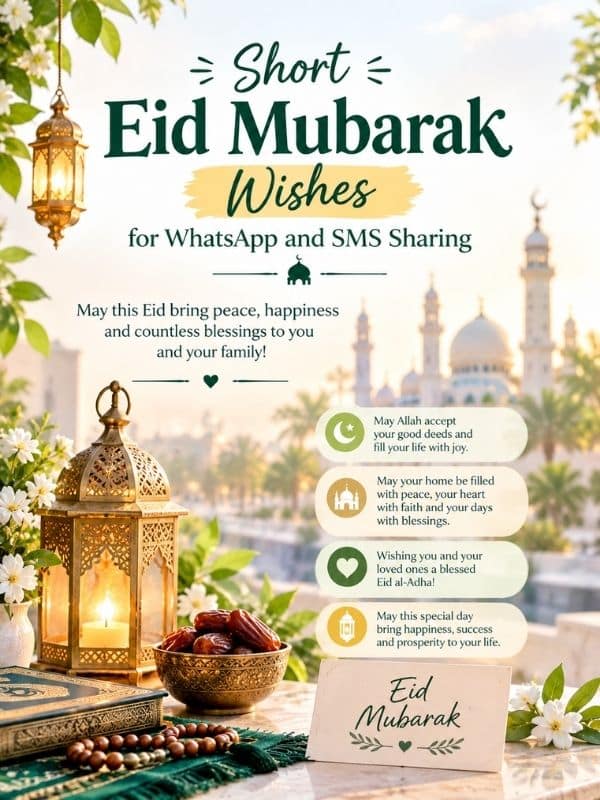 Short Eid Mubarak Wishes for WhatsApp and SMS Sharing